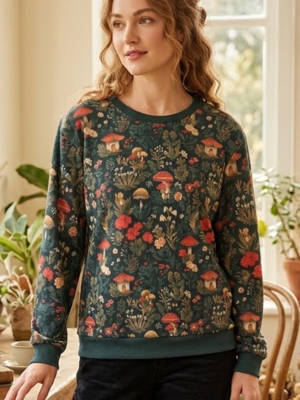 Women’s moody cottagecore Dark Floral Mushroom Print long sleeve top - Red/Green